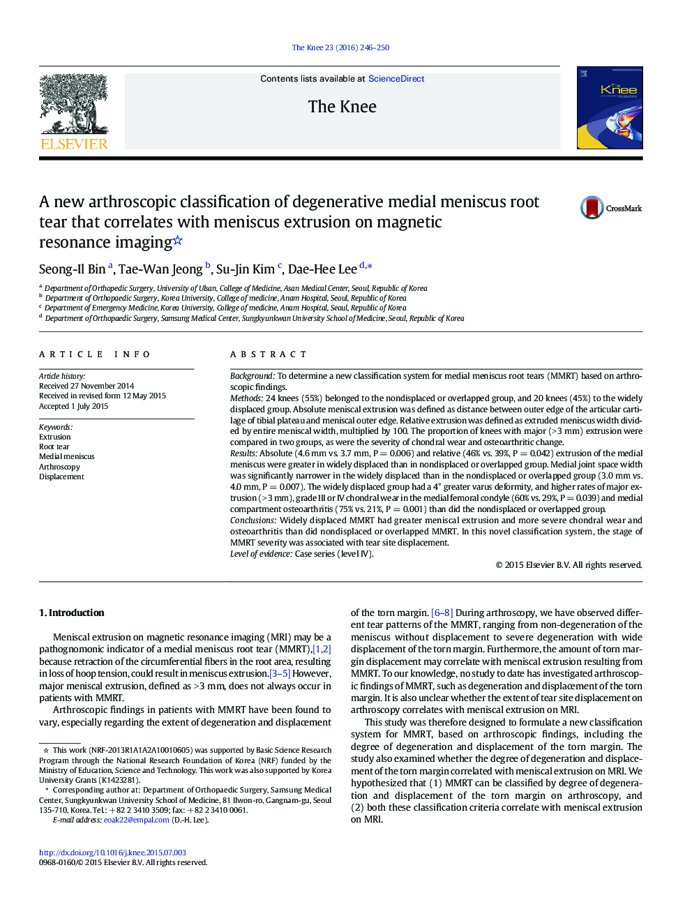 A new arthroscopic classification of degenerative medial meniscus root tear that correlates with meniscus extrusion on magnetic resonance imaging 