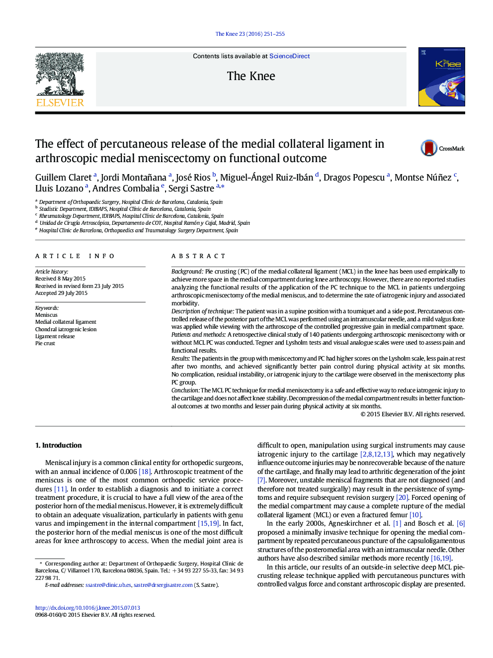 The effect of percutaneous release of the medial collateral ligament in arthroscopic medial meniscectomy on functional outcome