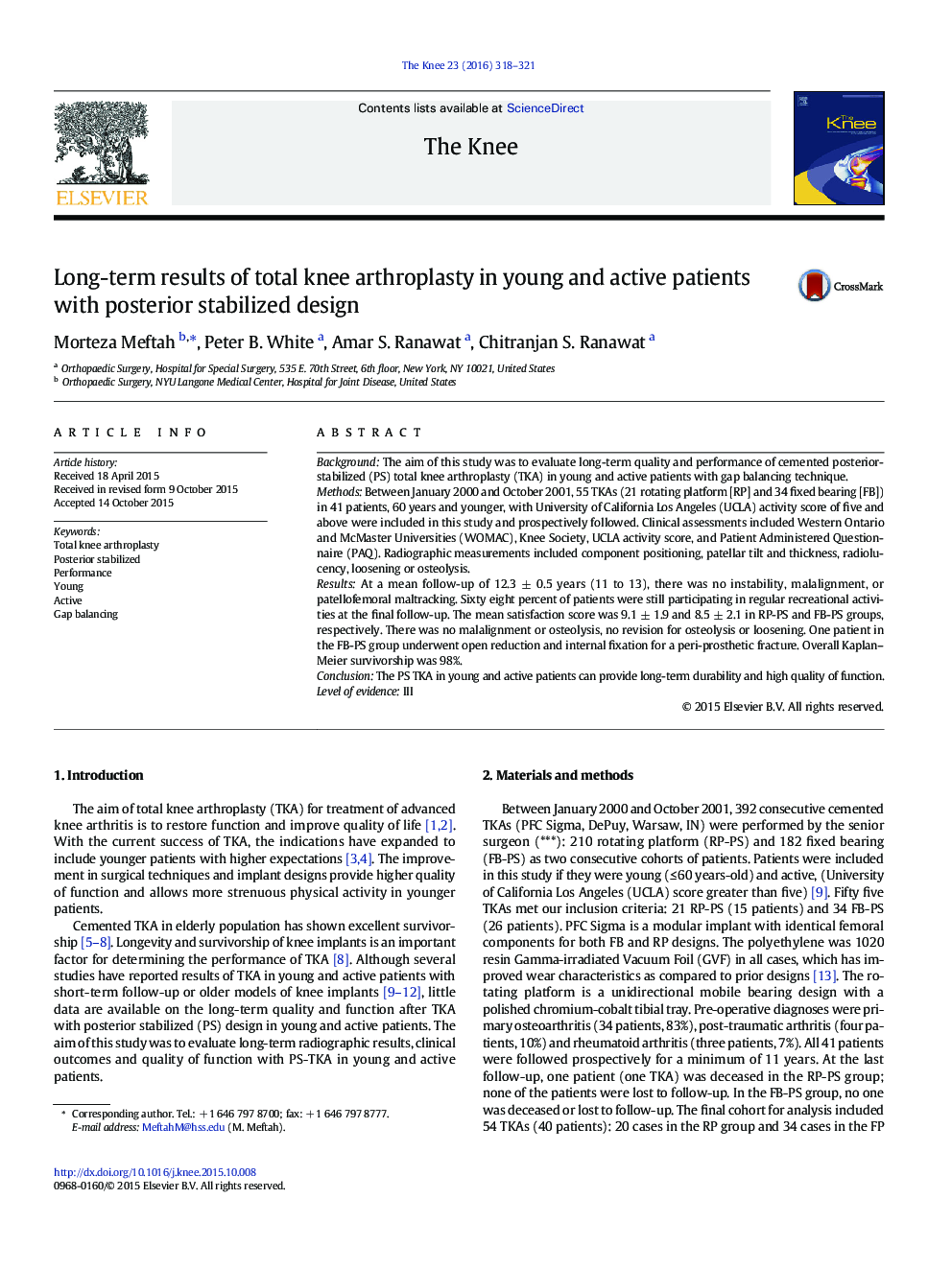 Long-term results of total knee arthroplasty in young and active patients with posterior stabilized design