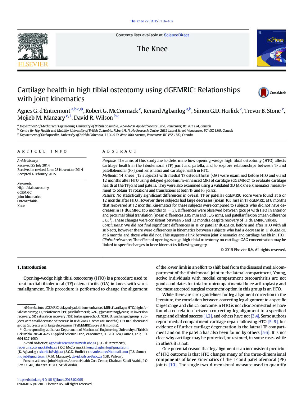 Cartilage health in high tibial osteotomy using dGEMRIC: Relationships with joint kinematics