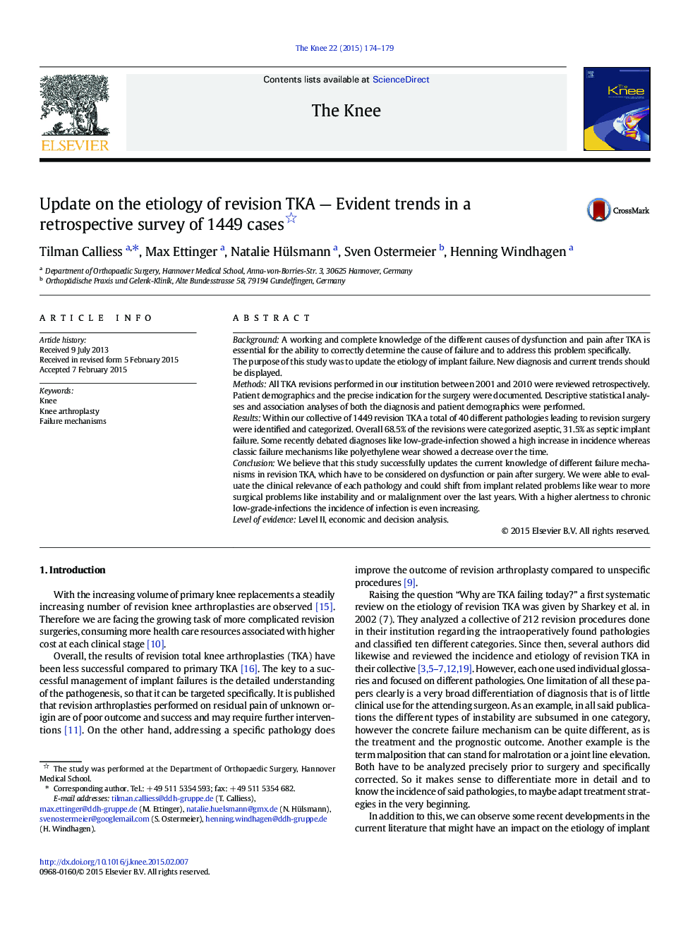 Update on the etiology of revision TKA — Evident trends in a retrospective survey of 1449 cases 