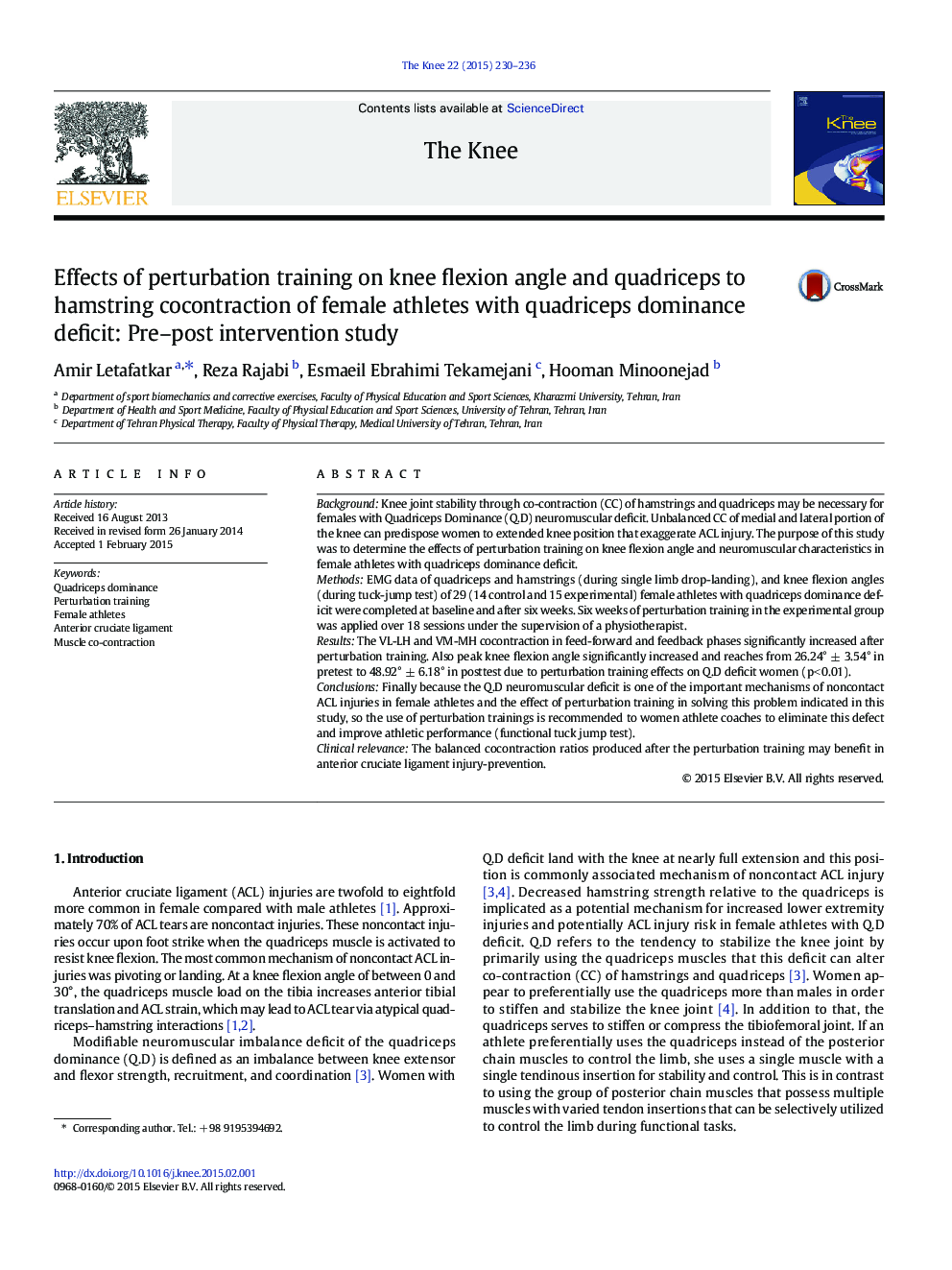 Effects of perturbation training on knee flexion angle and quadriceps to hamstring cocontraction of female athletes with quadriceps dominance deficit: Pre–post intervention study