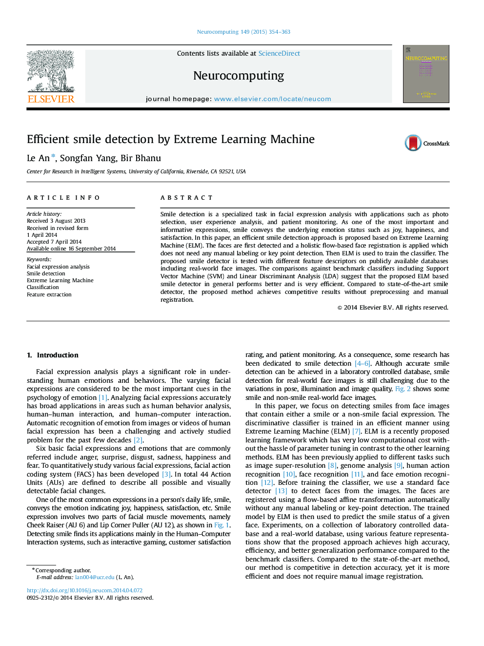 Efficient smile detection by Extreme Learning Machine