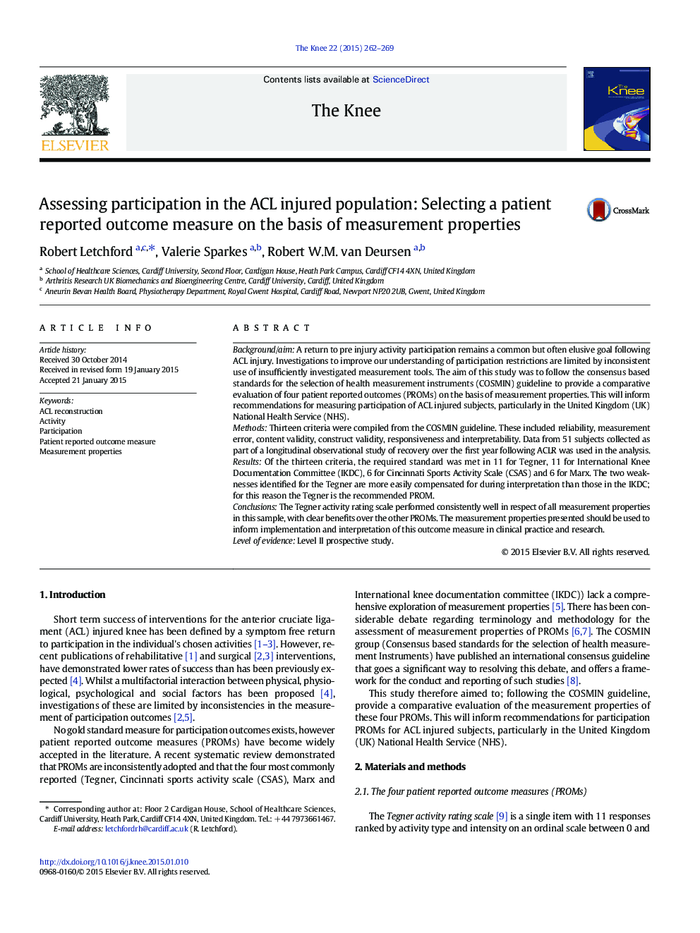 Assessing participation in the ACL injured population: Selecting a patient reported outcome measure on the basis of measurement properties