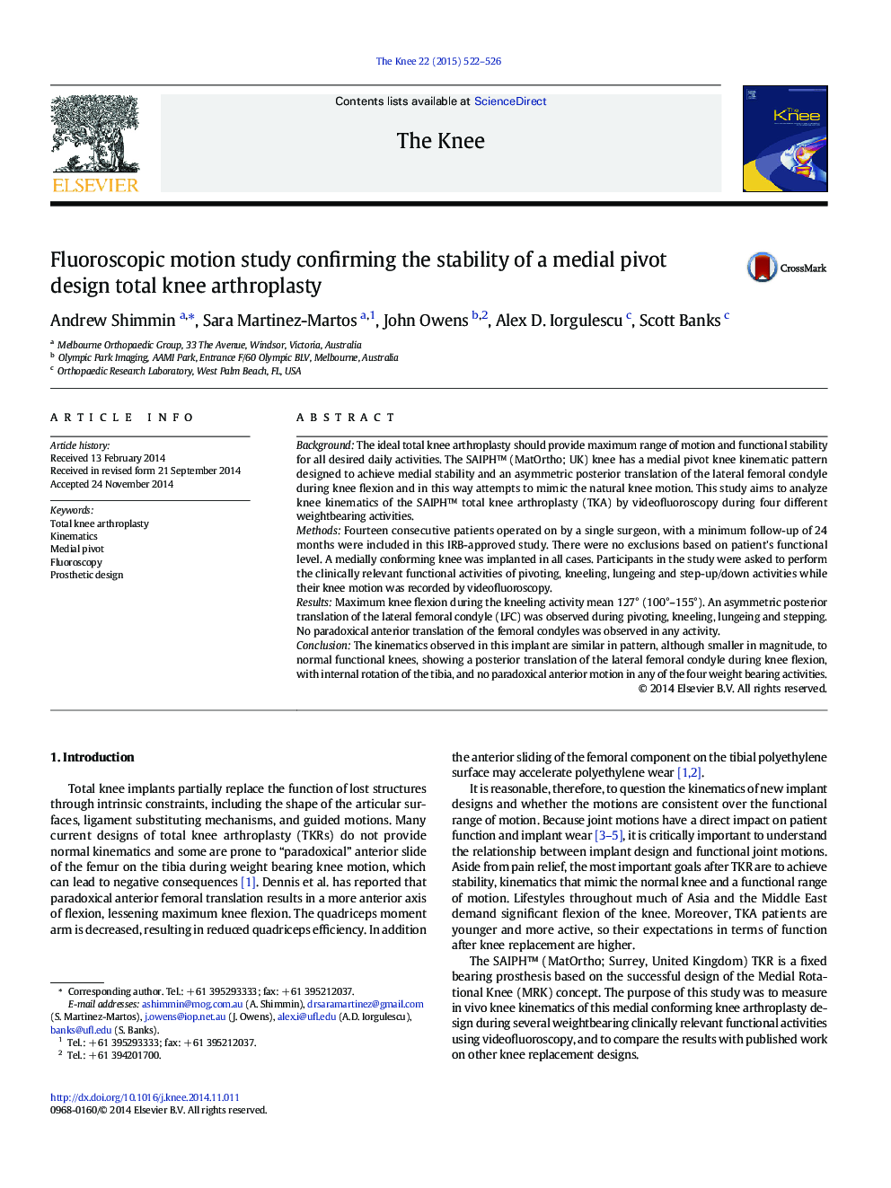 Fluoroscopic motion study confirming the stability of a medial pivot design total knee arthroplasty