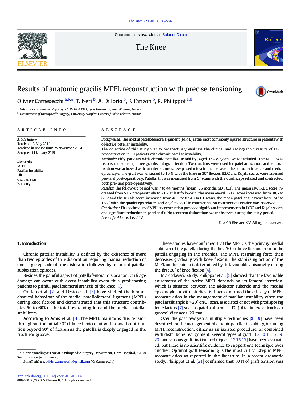Results of anatomic gracilis MPFL reconstruction with precise tensioning