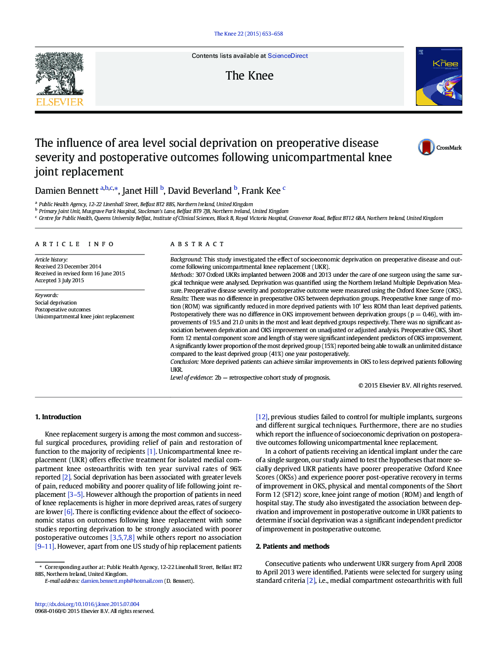 The influence of area level social deprivation on preoperative disease severity and postoperative outcomes following unicompartmental knee joint replacement