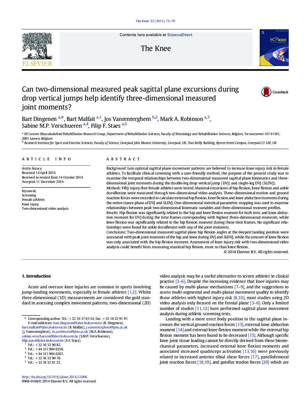 Can two-dimensional measured peak sagittal plane excursions during drop vertical jumps help identify three-dimensional measured joint moments?