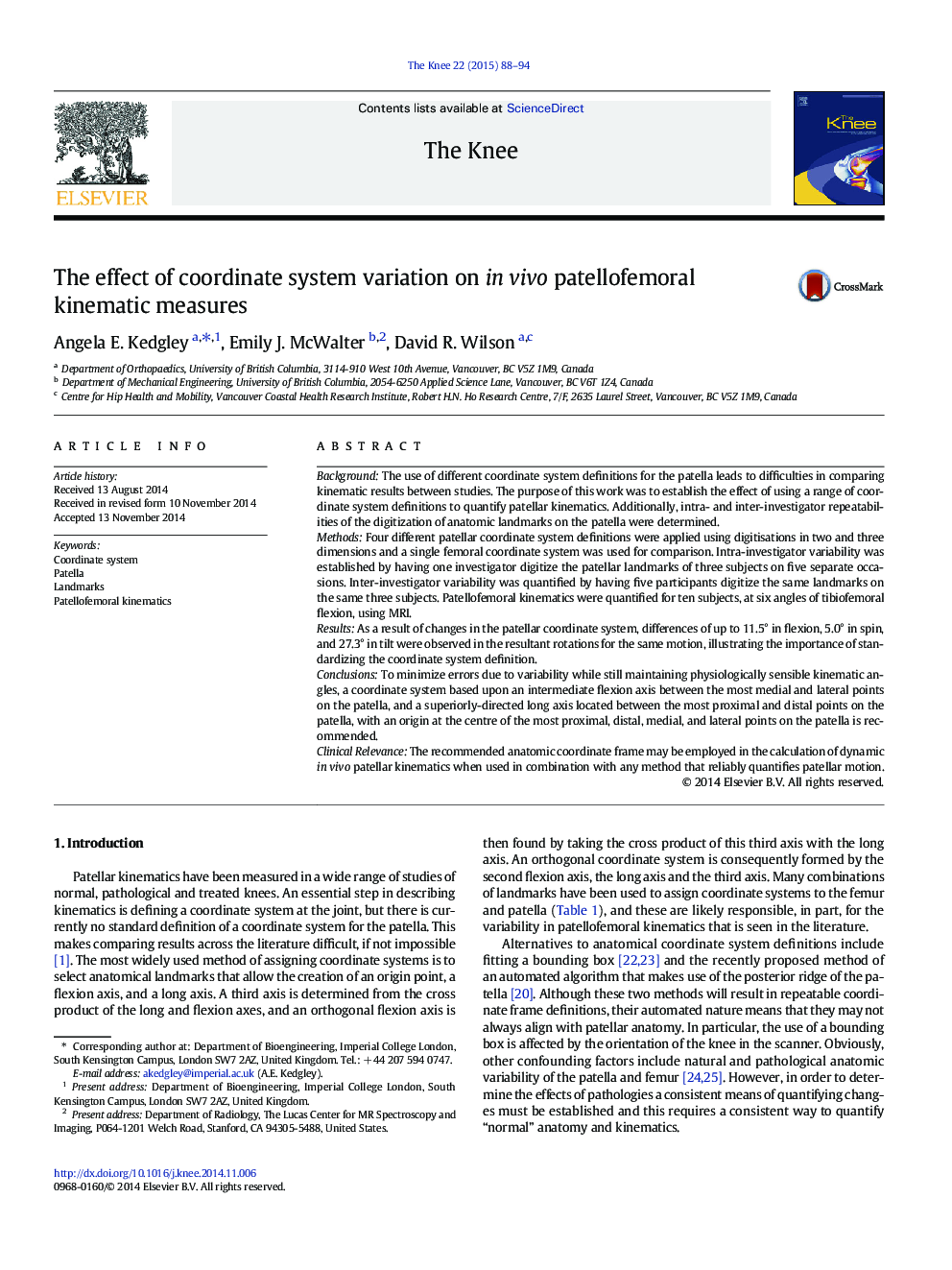 The effect of coordinate system variation on in vivo patellofemoral kinematic measures