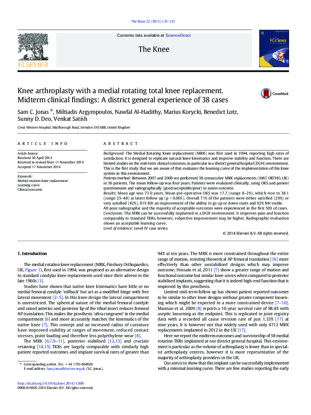 Knee arthroplasty with a medial rotating total knee replacement. Midterm clinical findings: A district general experience of 38 cases