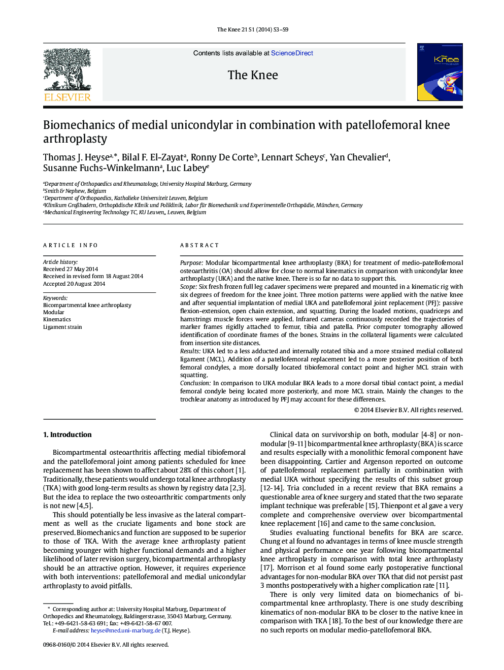 Biomechanics of medial unicondylar in combination with patellofemoral knee arthroplasty