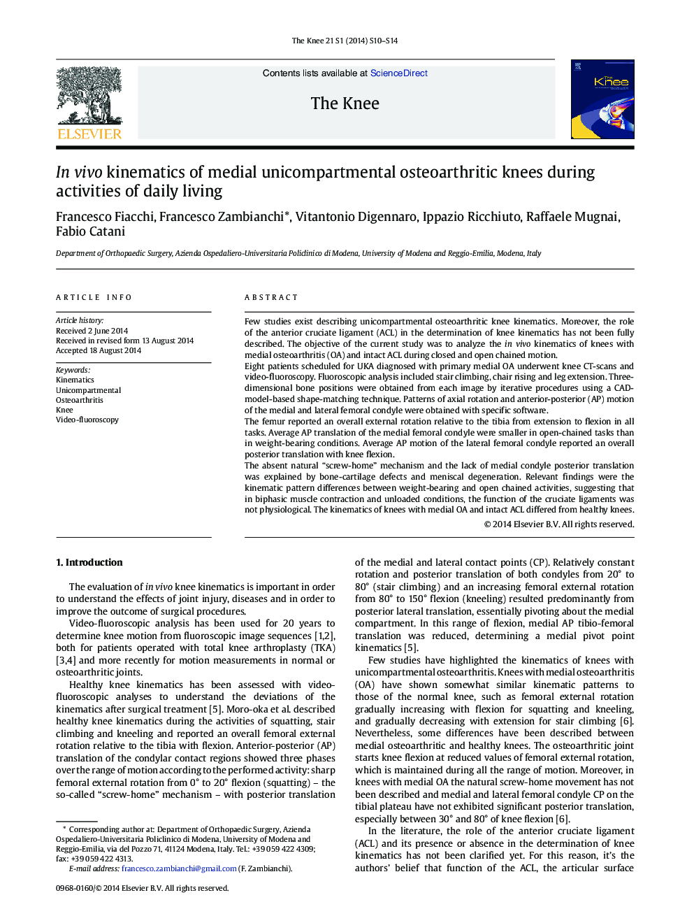 In vivo kinematics of medial unicompartmental osteoarthritic knees during activities of daily living