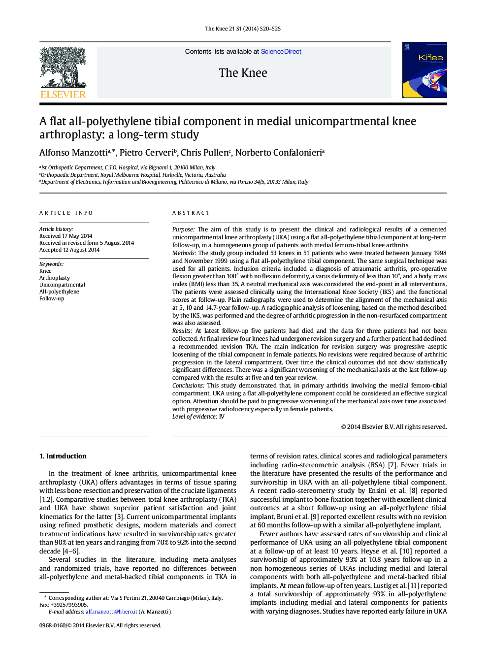 A flat all-polyethylene tibial component in medial unicompartmental knee arthroplasty: a long-term study