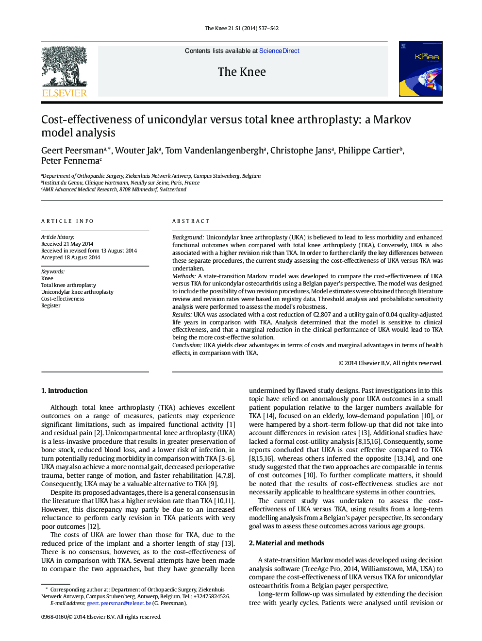 Cost-effectiveness of unicondylar versus total knee arthroplasty: a Markov model analysis