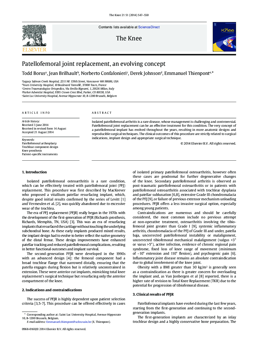 Patellofemoral joint replacement, an evolving concept