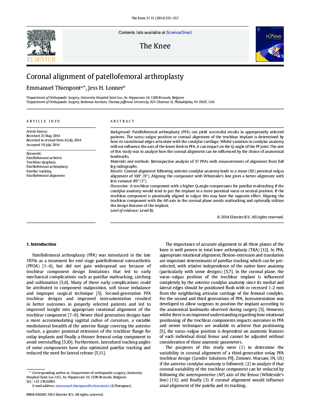 Coronal alignment of patellofemoral arthroplasty