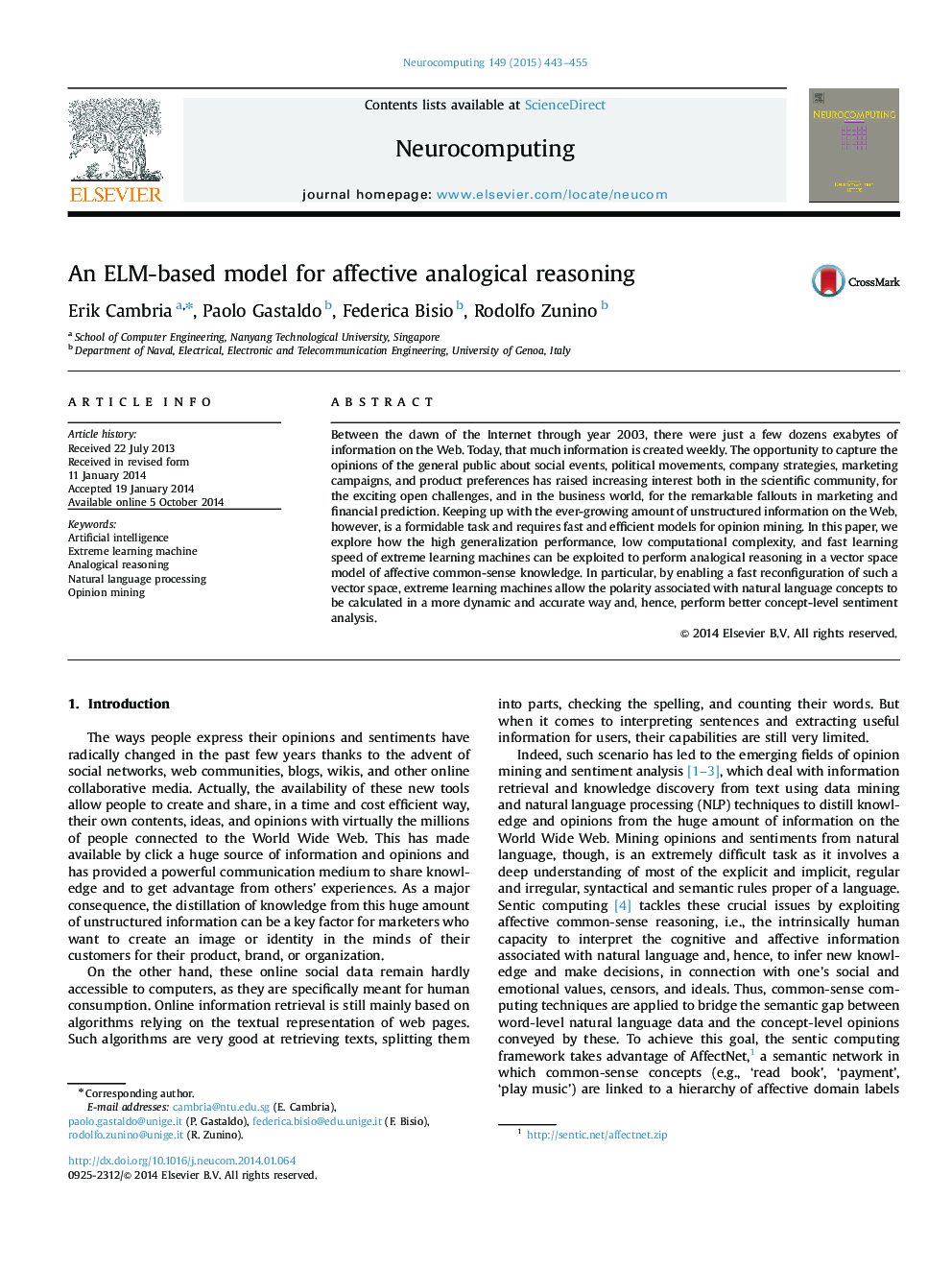 An ELM-based model for affective analogical reasoning