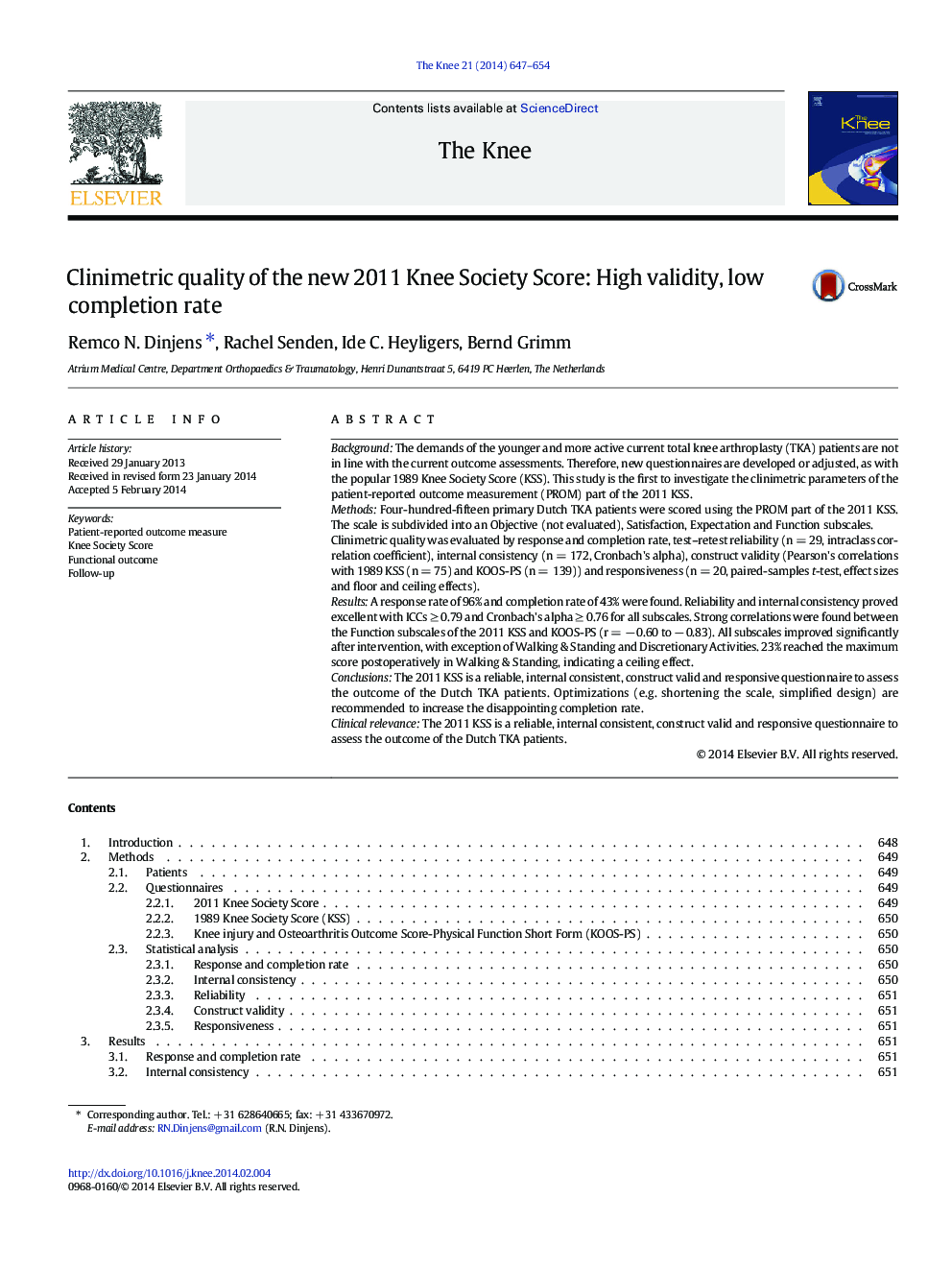 Clinimetric quality of the new 2011 Knee Society Score: High validity, low completion rate
