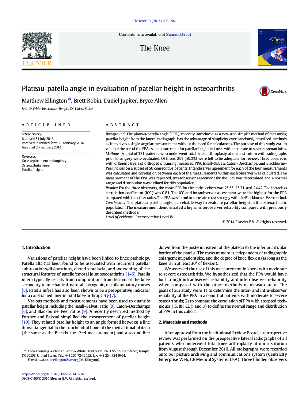 Plateau-patella angle in evaluation of patellar height in osteoarthritis