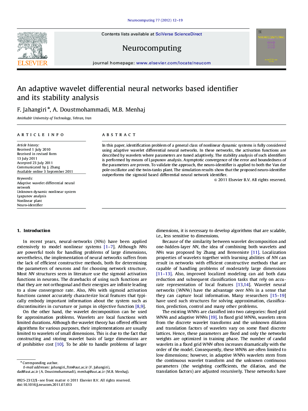 An adaptive wavelet differential neural networks based identifier and its stability analysis