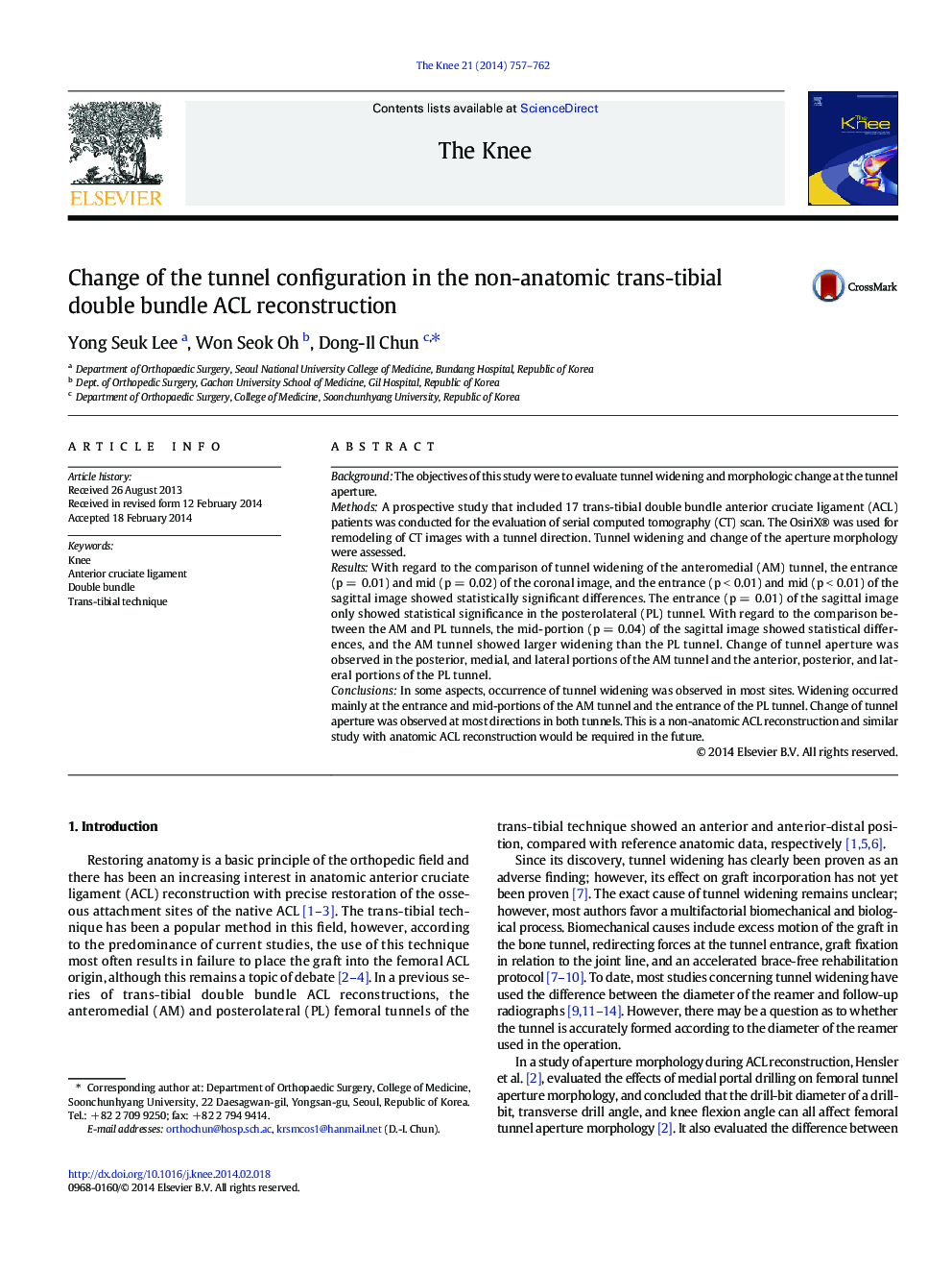 Change of the tunnel configuration in the non-anatomic trans-tibial double bundle ACL reconstruction