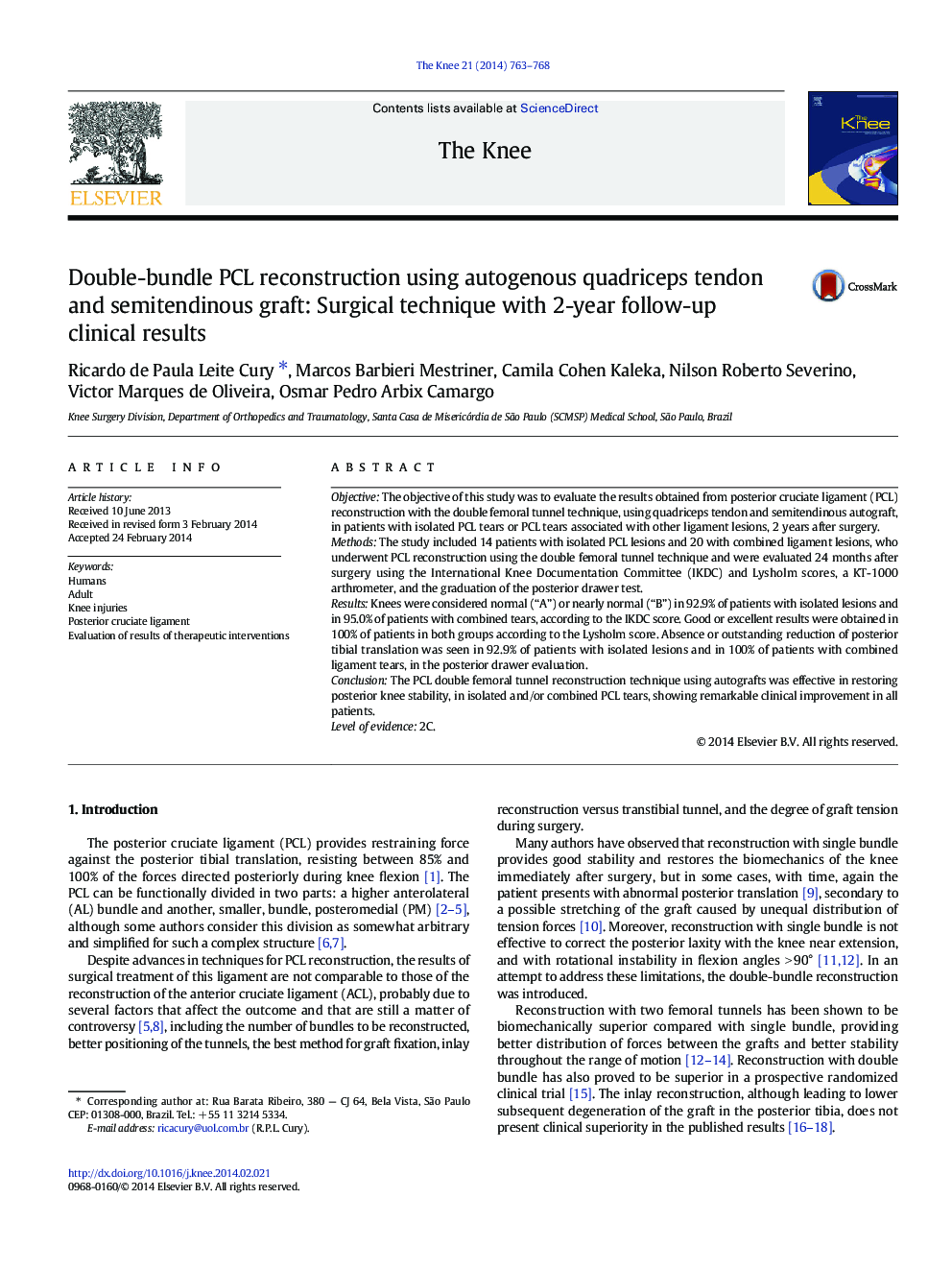 Double-bundle PCL reconstruction using autogenous quadriceps tendon and semitendinous graft: Surgical technique with 2-year follow-up clinical results