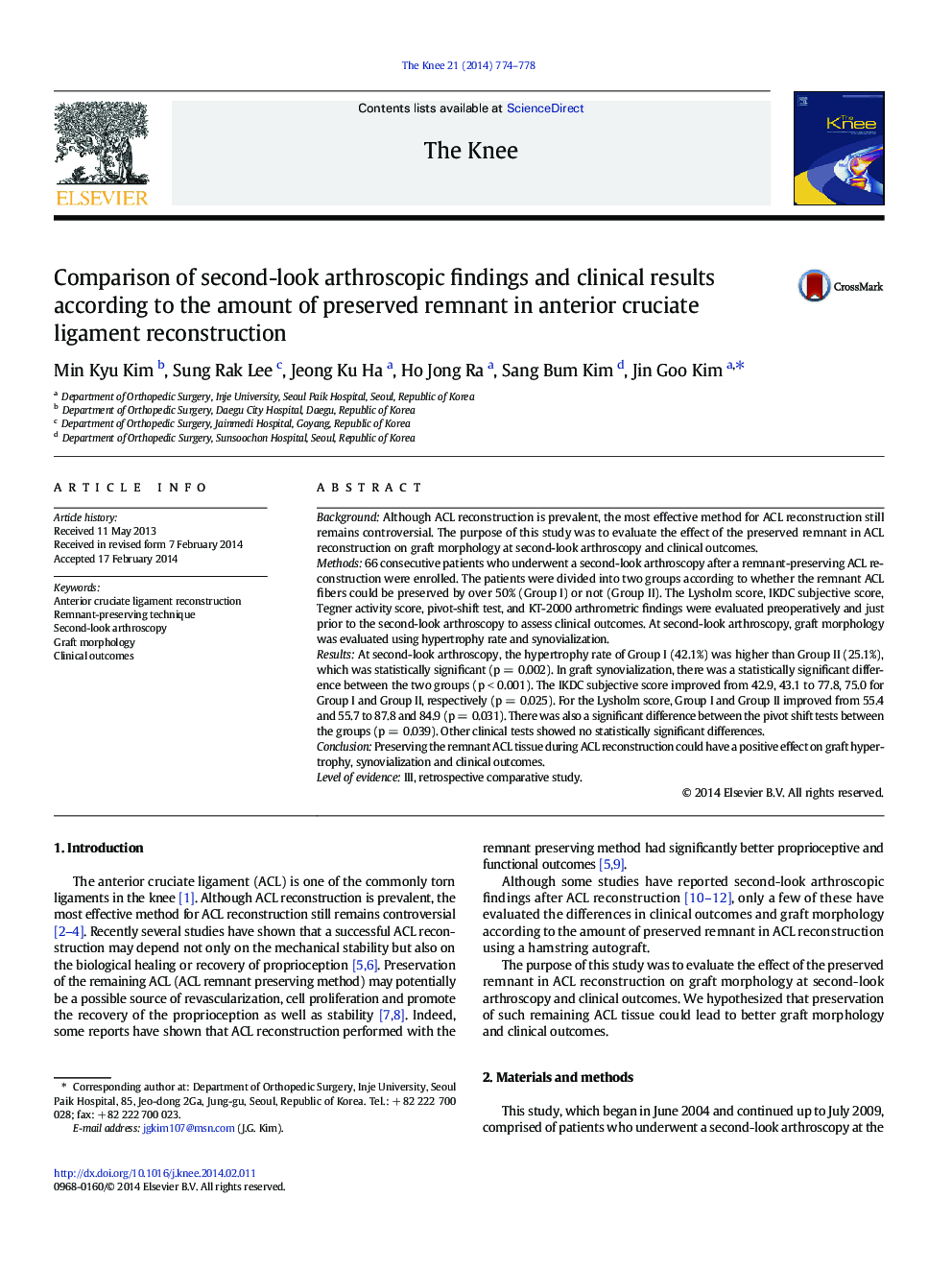 Comparison of second-look arthroscopic findings and clinical results according to the amount of preserved remnant in anterior cruciate ligament reconstruction