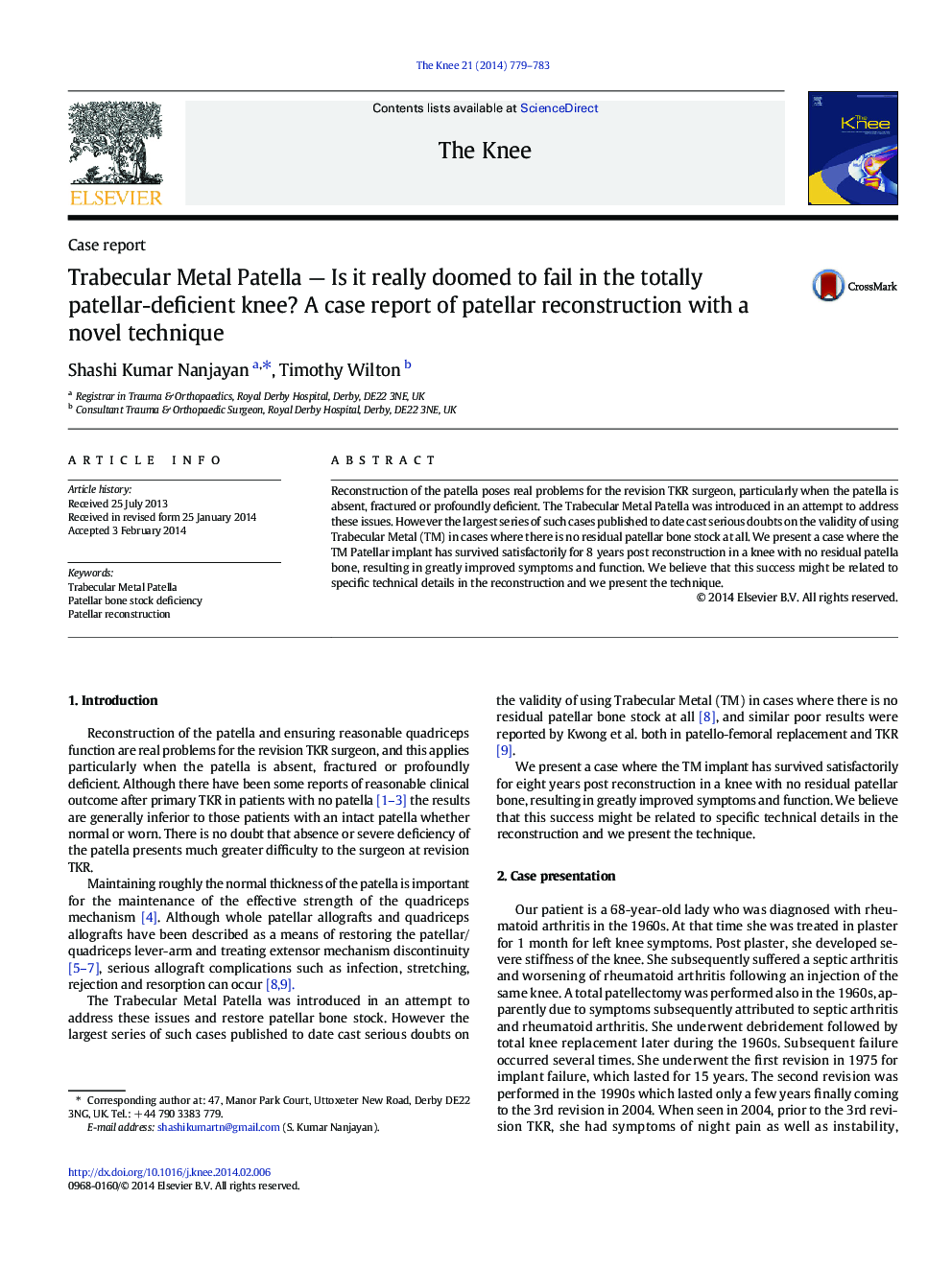 Trabecular Metal Patella — Is it really doomed to fail in the totally patellar-deficient knee? A case report of patellar reconstruction with a novel technique