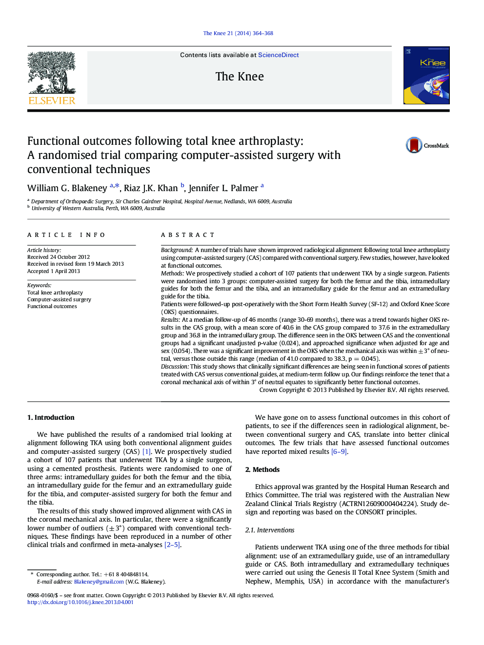 نتایج عملکردی زیر کل آرتروپلاستی زانو: یک کارآزمایی تصادفی با مقایسه عمل جراحی با استفاده از تکنیک های متعارف 