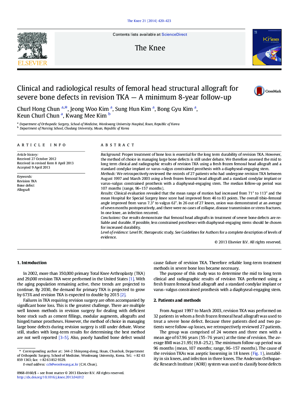 Clinical and radiological results of femoral head structural allograft for severe bone defects in revision TKA — A minimum 8-year follow-up