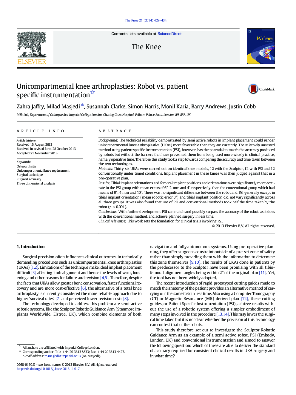 Unicompartmental knee arthroplasties: Robot vs. patient specific instrumentation 