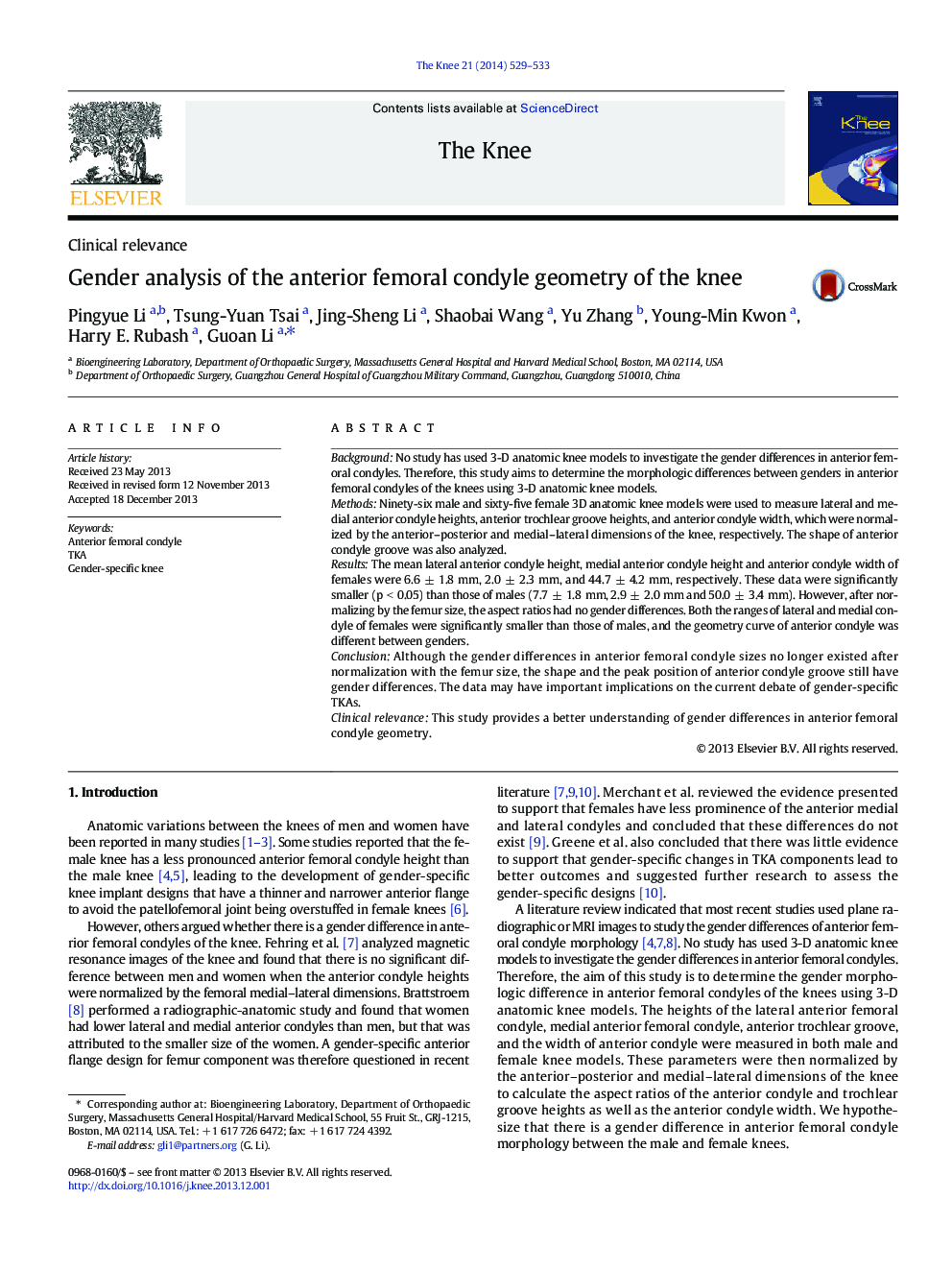 Gender analysis of the anterior femoral condyle geometry of the knee