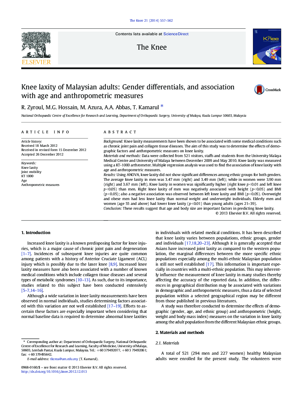 Knee laxity of Malaysian adults: Gender differentials, and association with age and anthropometric measures