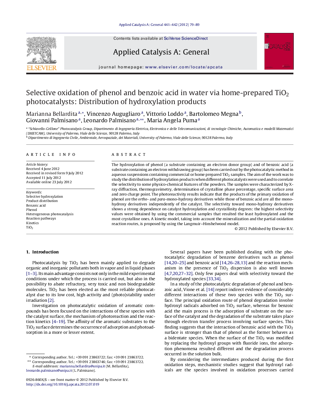 عکس صفحه اول مقاله: Selective oxidation of phenol and benzoic acid in water via home-prepared TiO2 photocatalysts: Distribution of hydroxylation products Selective oxidation of phenol and benzoic acid in water via home-prepared TiO2 photocatalysts: Distribution of hydroxylation products