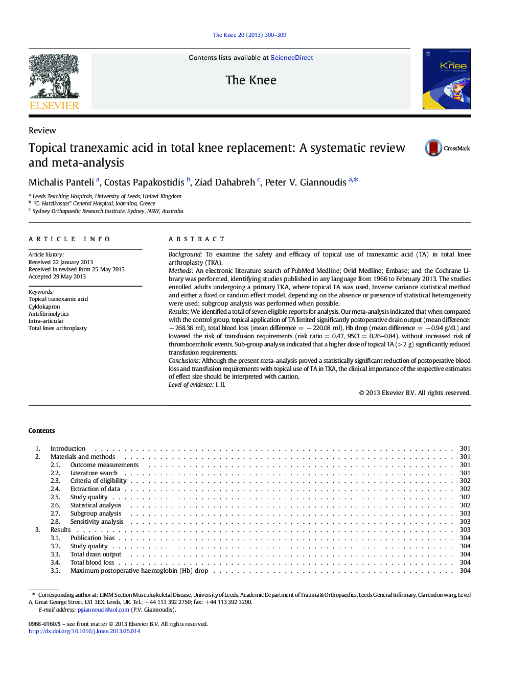Topical tranexamic acid in total knee replacement: A systematic review and meta-analysis