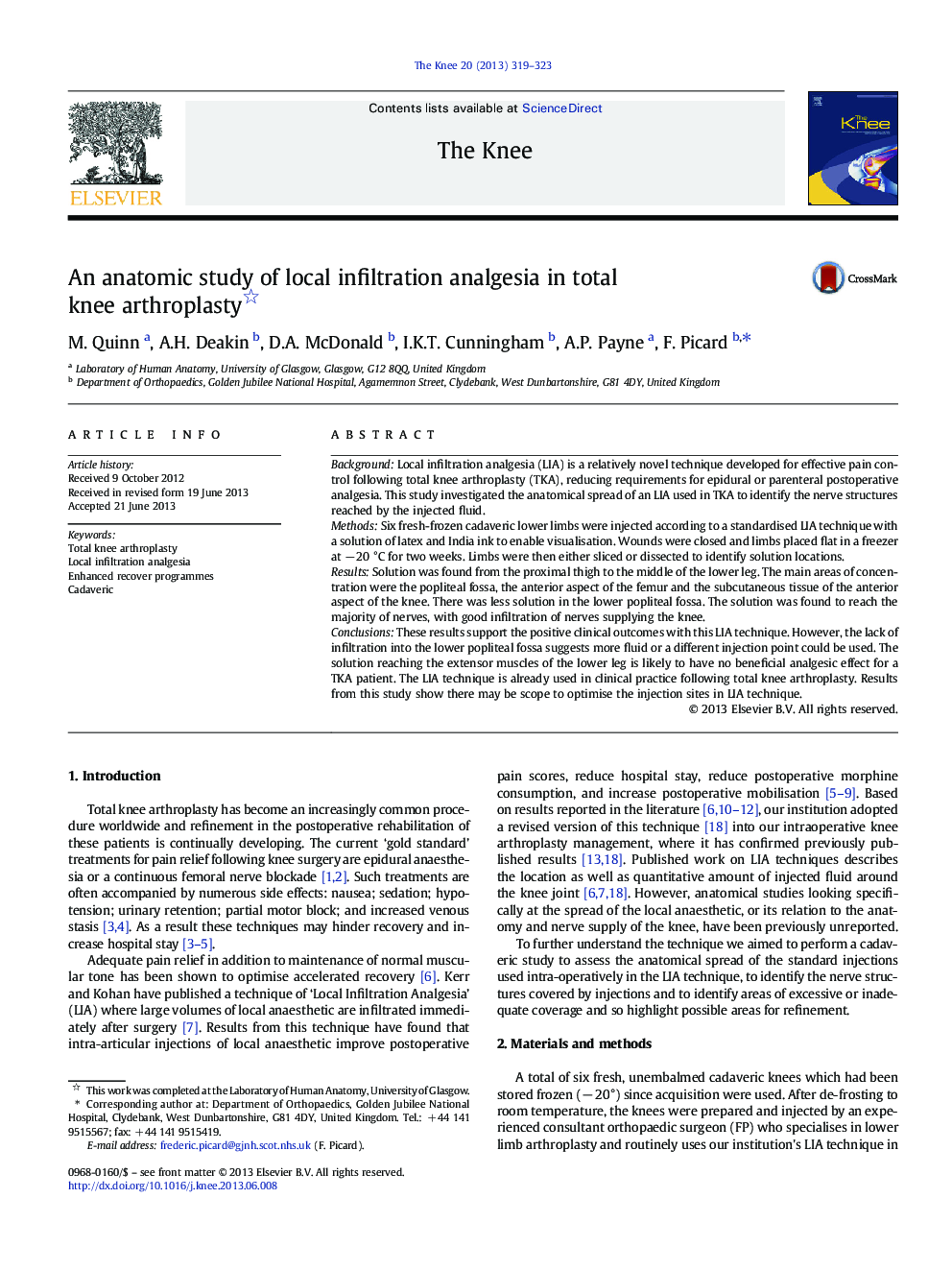 An anatomic study of local infiltration analgesia in total knee arthroplasty 