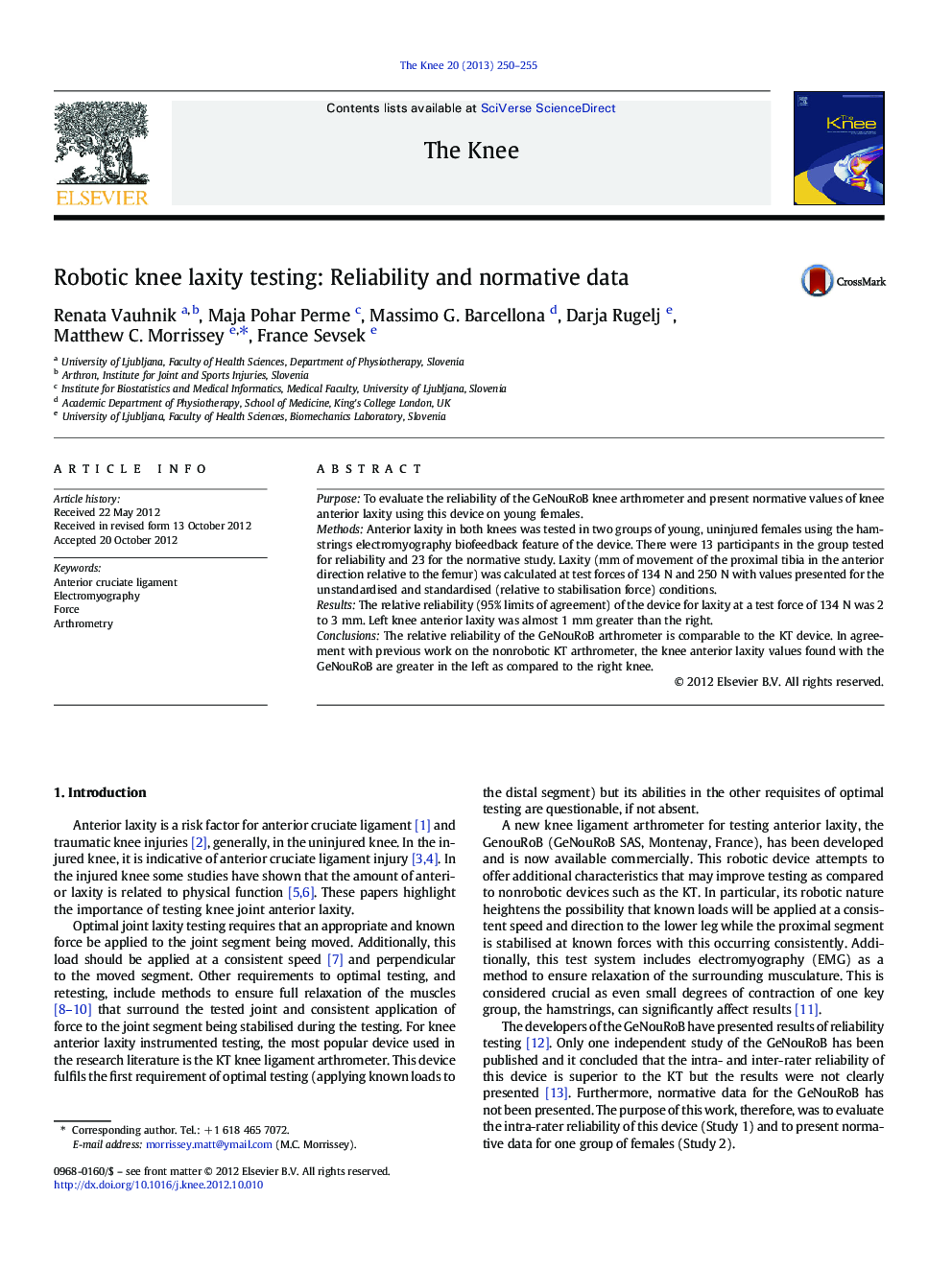 Robotic knee laxity testing: Reliability and normative data