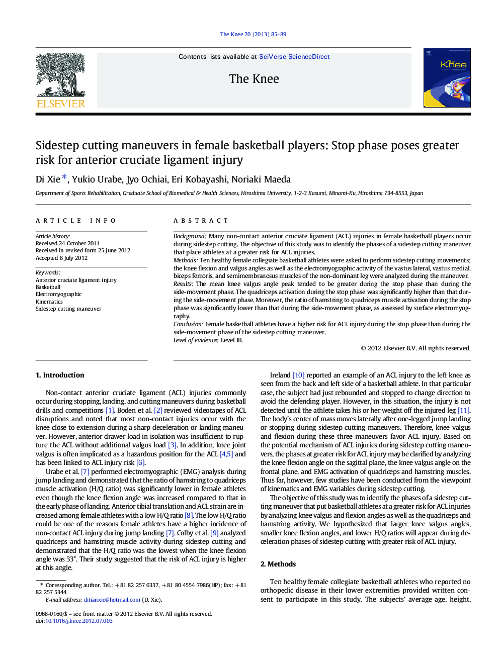 Sidestep cutting maneuvers in female basketball players: Stop phase poses greater risk for anterior cruciate ligament injury