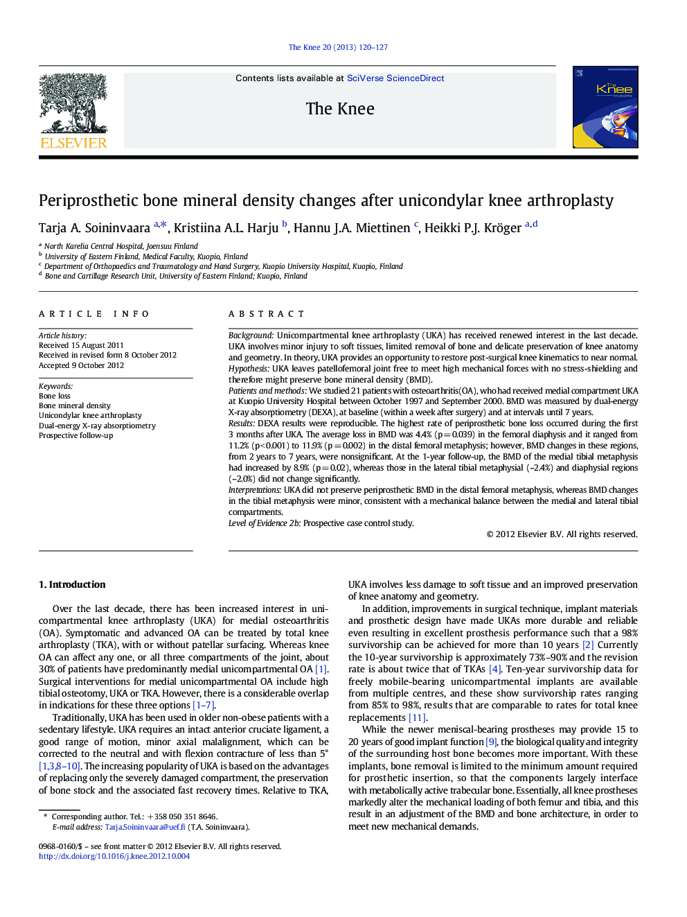 Periprosthetic bone mineral density changes after unicondylar knee arthroplasty