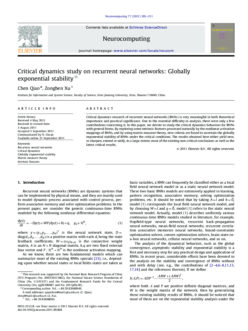 Critical dynamics study on recurrent neural networks: Globally exponential stability 