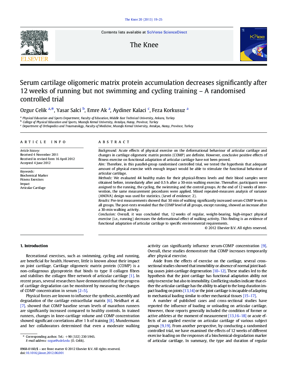 Serum cartilage oligomeric matrix protein accumulation decreases significantly after 12 weeks of running but not swimming and cycling training – A randomised controlled trial