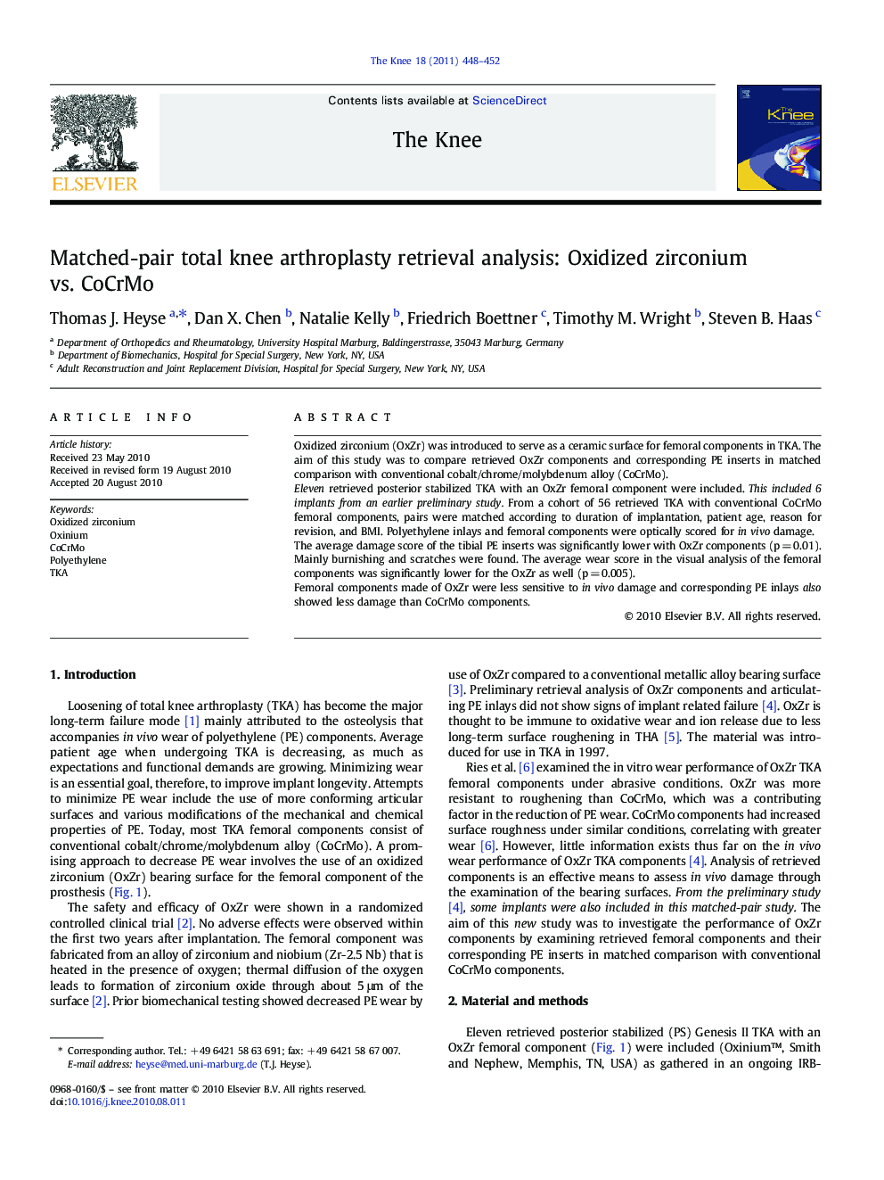 Matched-pair total knee arthroplasty retrieval analysis: Oxidized zirconium vs. CoCrMo