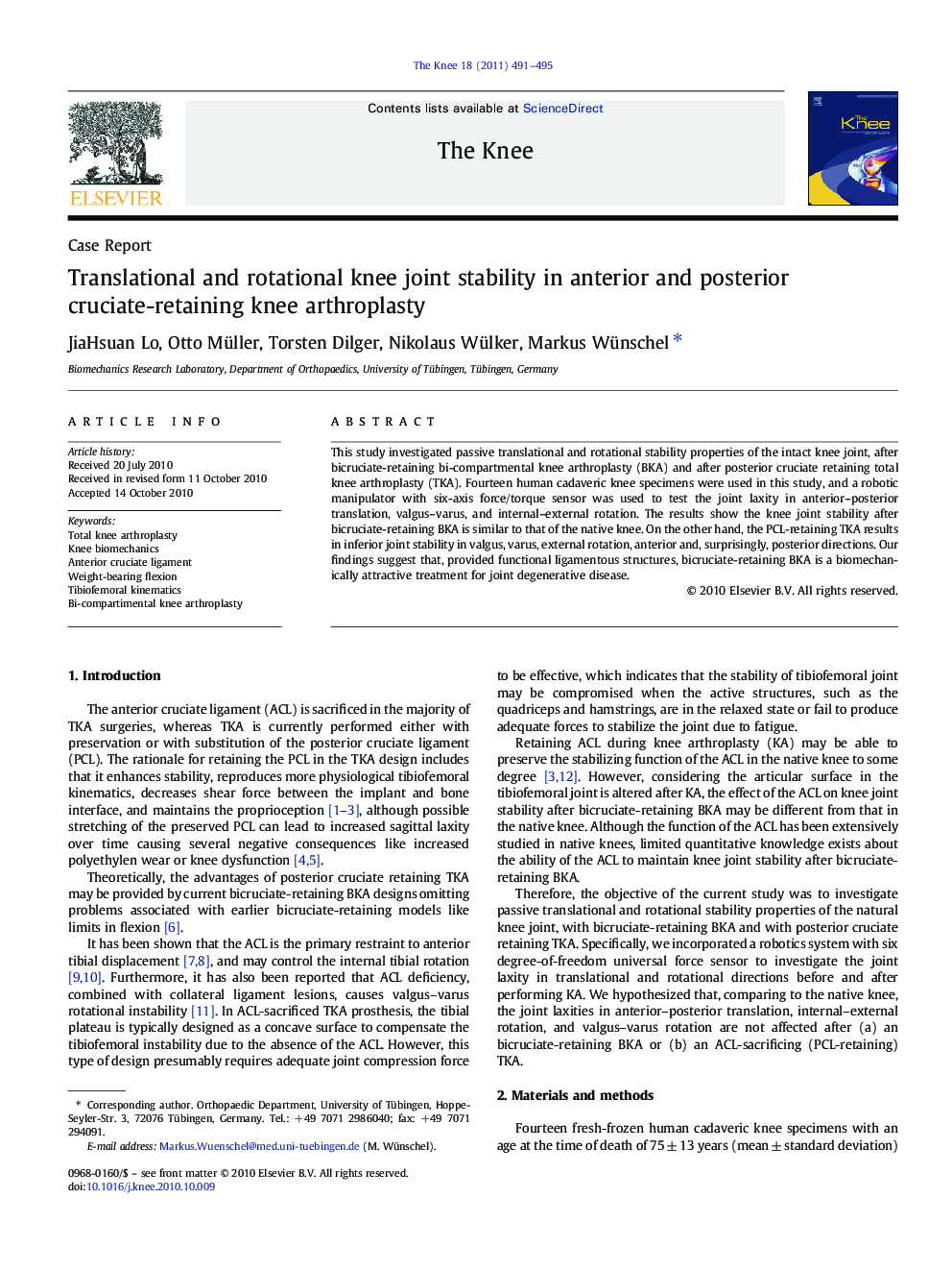 Translational and rotational knee joint stability in anterior and posterior cruciate-retaining knee arthroplasty