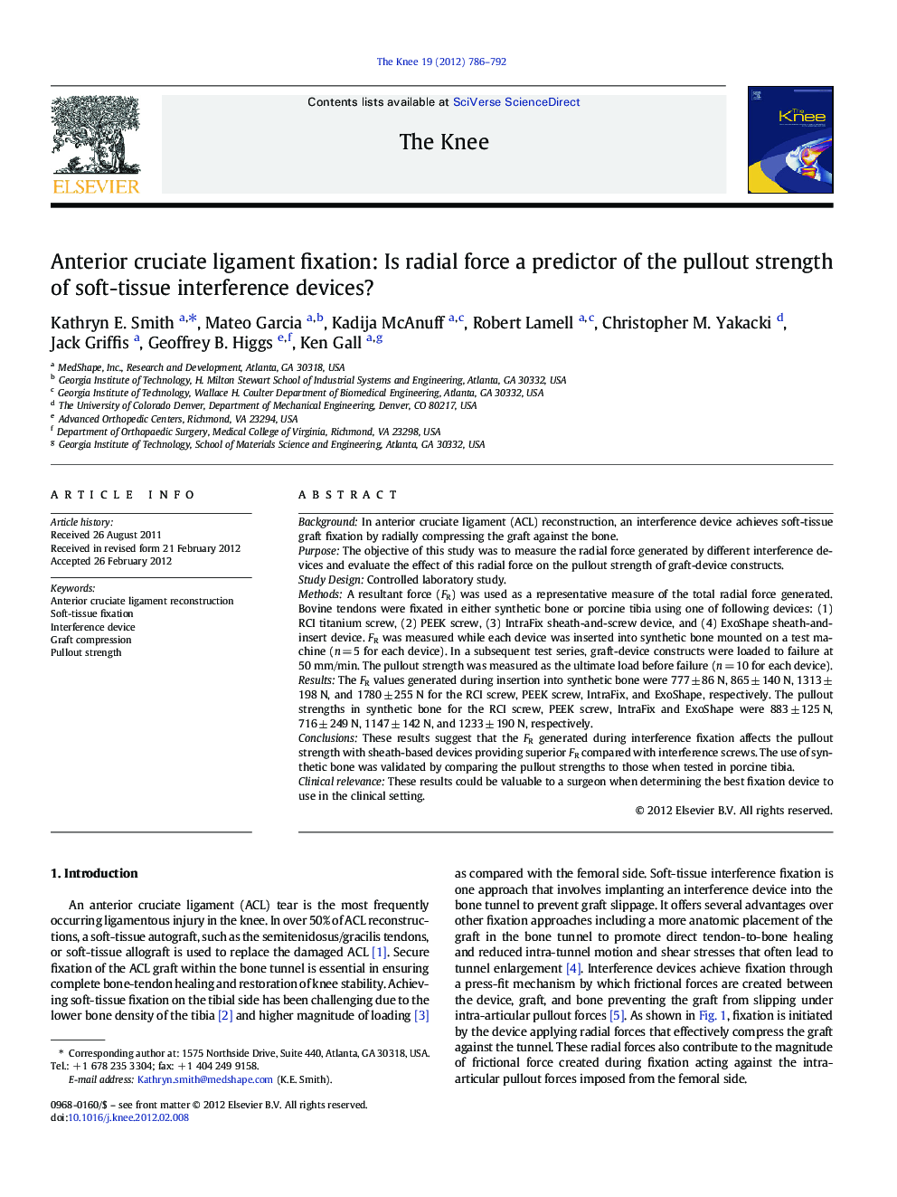 Anterior cruciate ligament fixation: Is radial force a predictor of the pullout strength of soft-tissue interference devices?