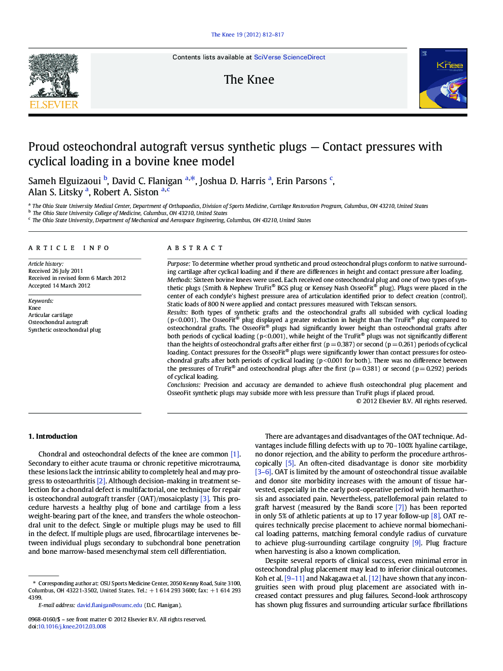 Proud osteochondral autograft versus synthetic plugs — Contact pressures with cyclical loading in a bovine knee model