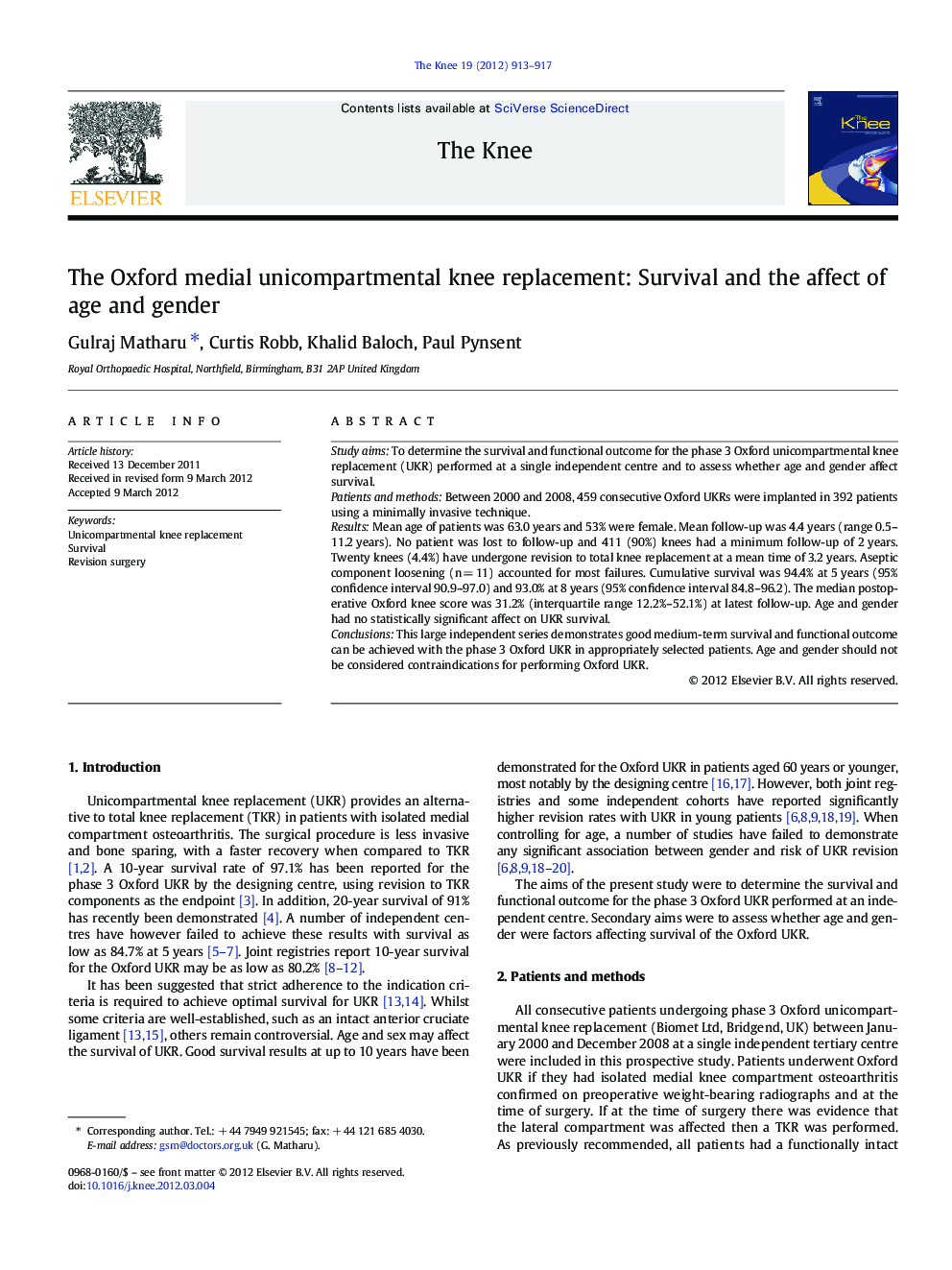The Oxford medial unicompartmental knee replacement: Survival and the affect of age and gender