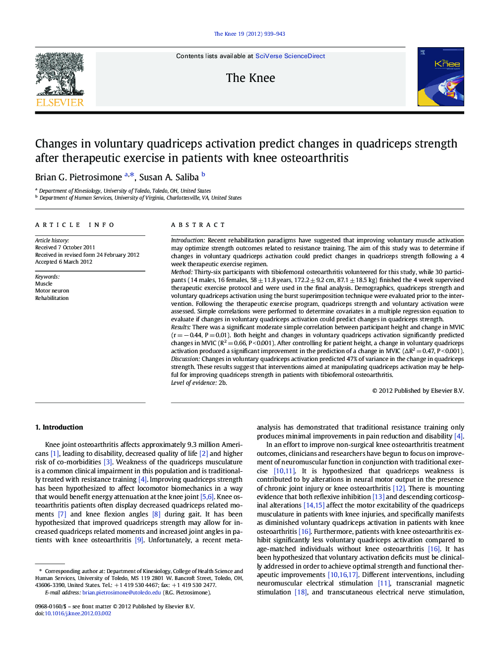 Changes in voluntary quadriceps activation predict changes in quadriceps strength after therapeutic exercise in patients with knee osteoarthritis