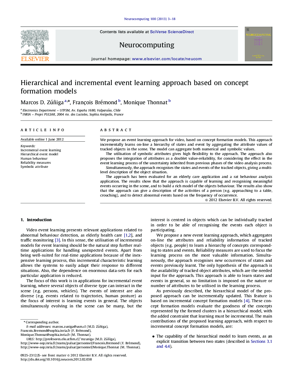 Hierarchical and incremental event learning approach based on concept formation models