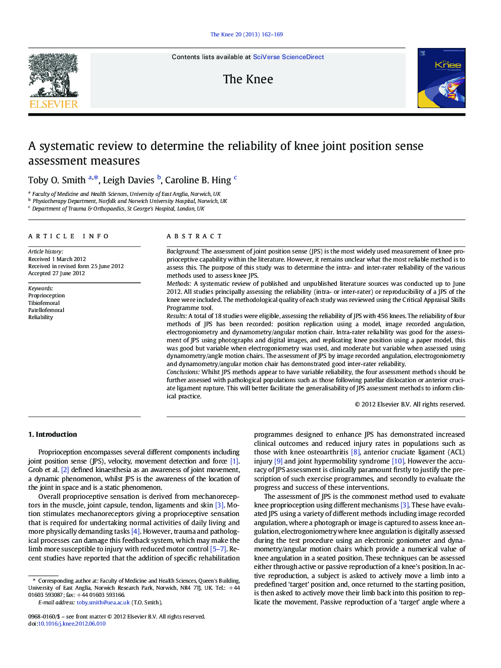 A systematic review to determine the reliability of knee joint position sense assessment measures