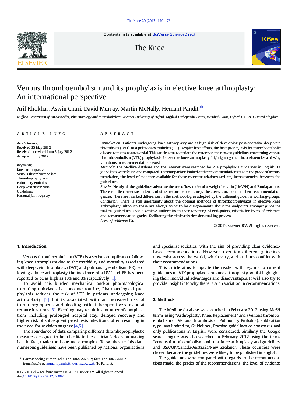 Venous thromboembolism and its prophylaxis in elective knee arthroplasty: An international perspective